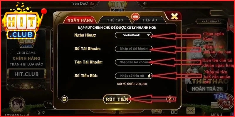 Nạp Rút Tiền taiHitclub 3 Rút tiền vô cùng đơn giản theo các bước